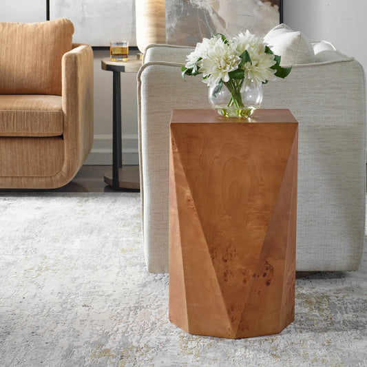 Hughes Geometric Accent Table by Uttermost in caramel. Made from mdf veneer poplar burl, java wood in a transitional style.