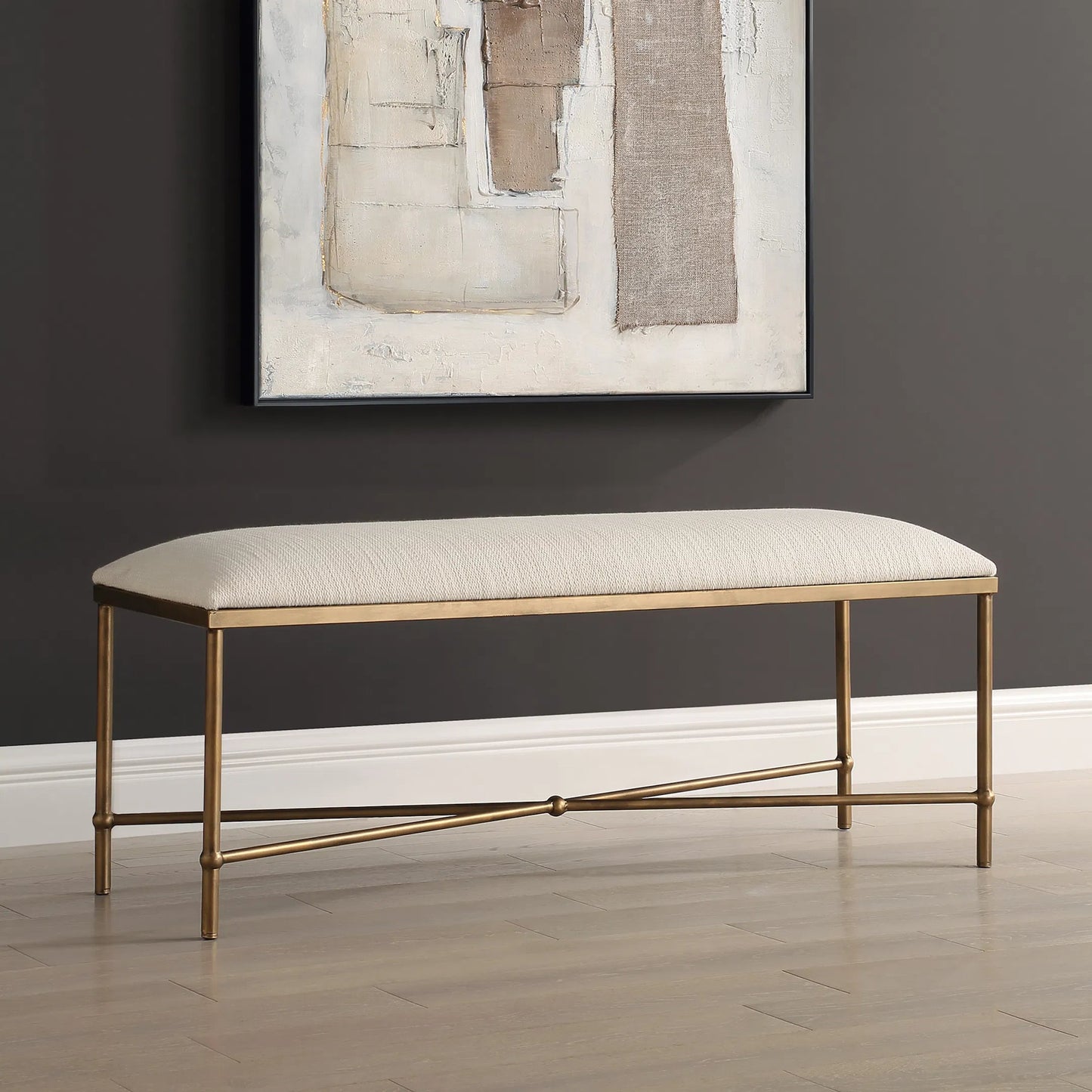 004 SI-2295235 | Unknown | Avenham Bench by Uttermost in gold. Made from foam, fabric, iron, mdf in a unique style.