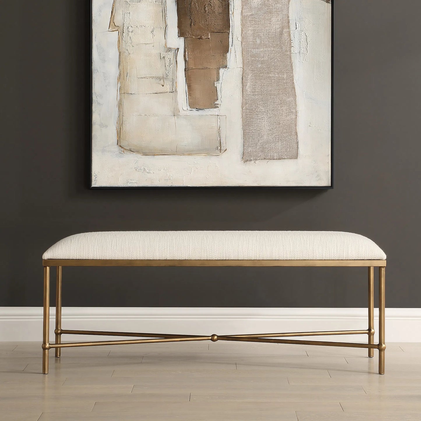 003 SI-2295235 | Lifestyle | Avenham Bench by Uttermost in gold. Made from foam, fabric, iron, mdf in a unique style.