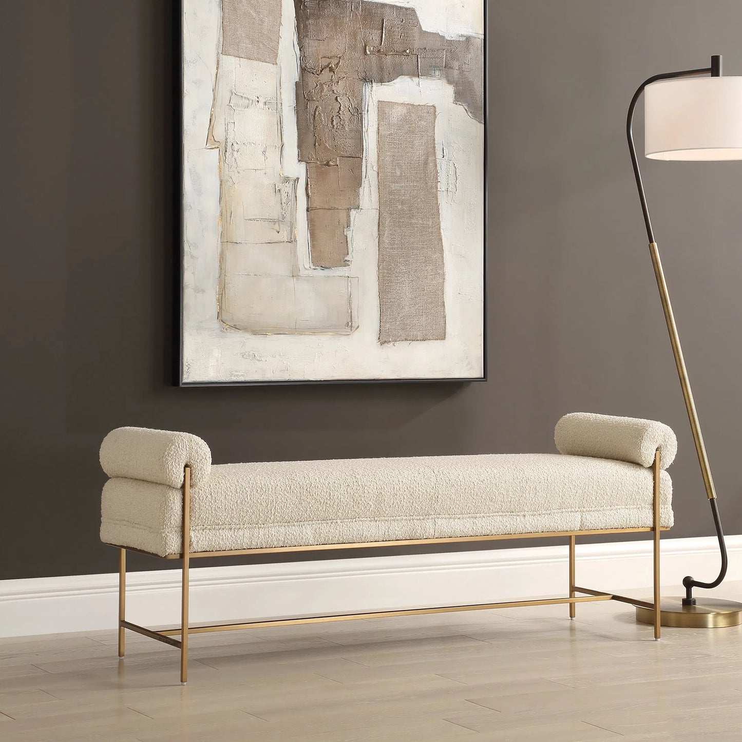 005 SI-2355239 | Lifestyle | Bolster Pearl Bench by Uttermost in brass. Made from stainless steel, plywood, fabric, foam in a unique style.