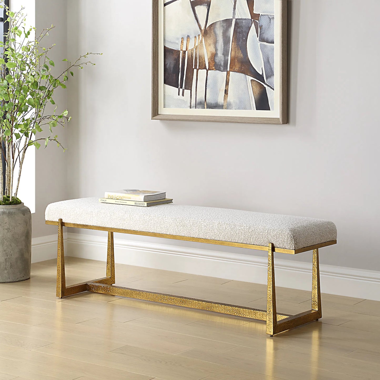 005 SI-2355243 | Lifestyle | Midas Bench by Uttermost in gold. Made from metal, mdf, foam, fiber in a unique style.