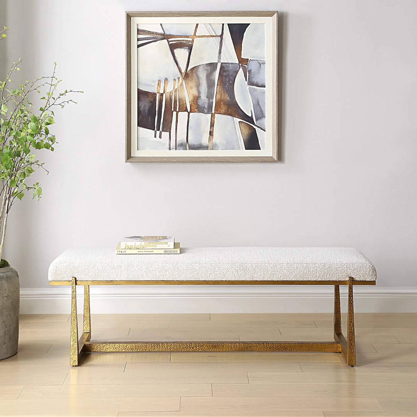 004 SI-2355243 | Lifestyle | Midas Bench by Uttermost in gold. Made from metal, mdf, foam, fiber in a unique style.