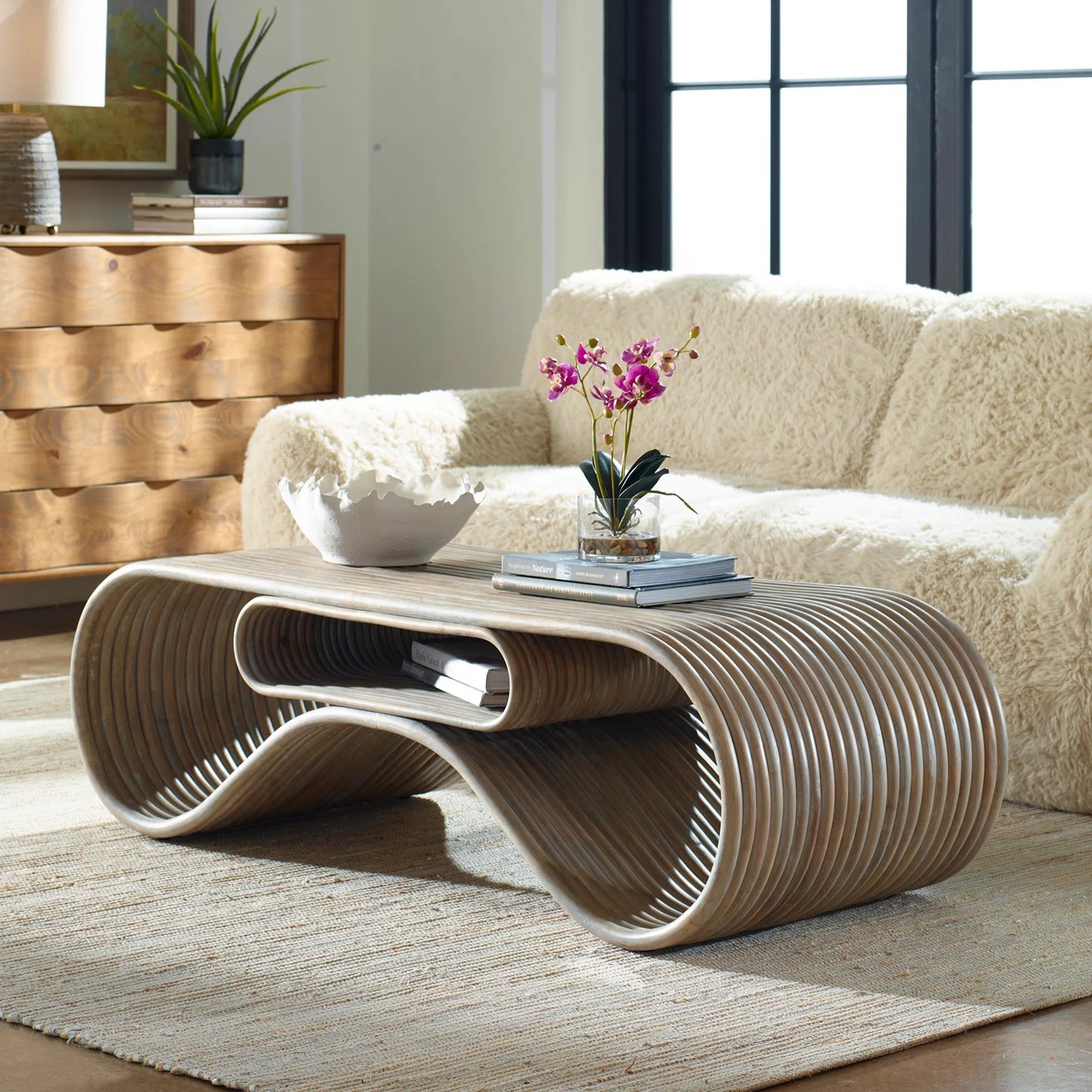 005 SI-2295347 | Lifestyle | Montrose Rattan Coffee Table by Uttermost in white. Made from ratan pole in a modern style.
