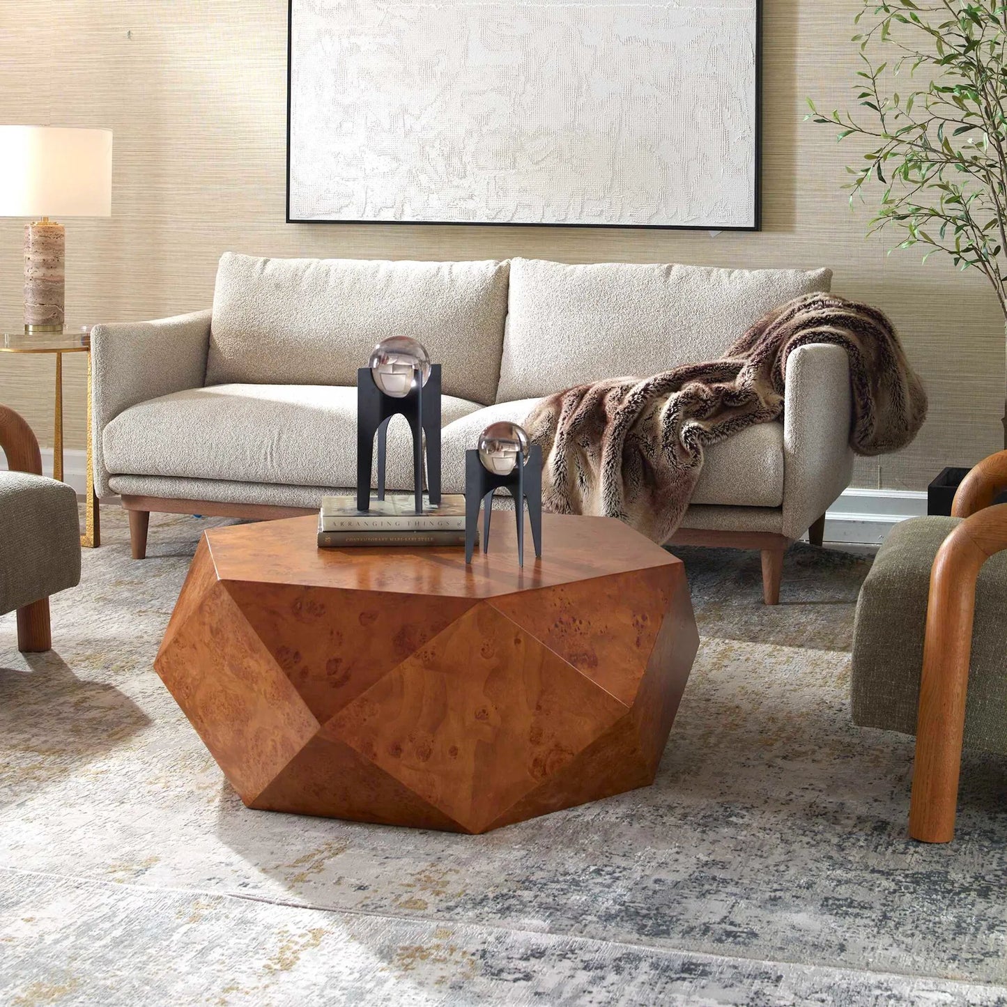 003 SI-2355267 | Lifestyle | Hughes Geometric Coffee Table by Uttermost in caramel. Made from mdf veneer mappa burl with java wood in a transitional style.