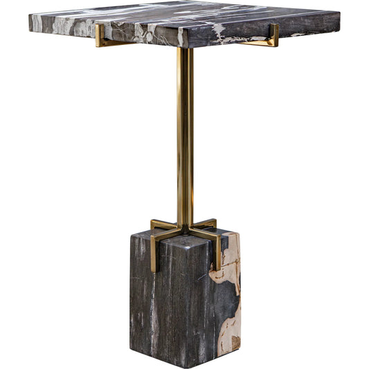 Rowman Petrified Accent Table by Uttermost in gold. Made from patrified wood with stainless steel in a modern style.