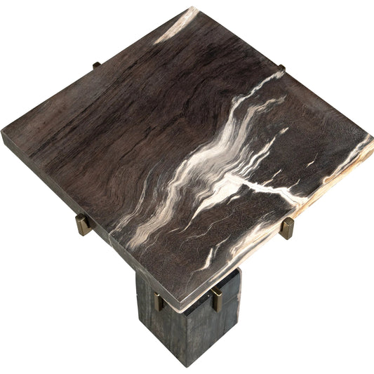 Rowman Petrified Accent Table by Uttermost in gold. Made from patrified wood with stainless steel in a modern style.