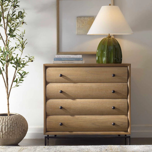 Millard Curved 4 Drawer Chest by Uttermost in warm natural, bronze. Made from mindi wood, mindi veneer in a transitional style.