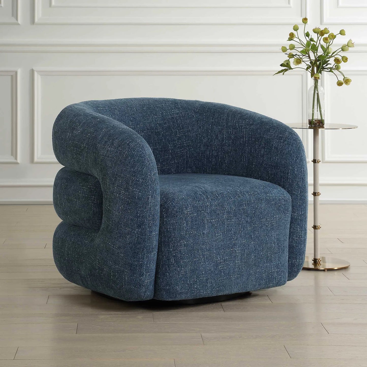 004 SI-2386655 | Lifestyle | Junie Swivel Barrel Chair by Uttermost in blueberry. Made from fabric, foam, plywood in a eclectic & global style.