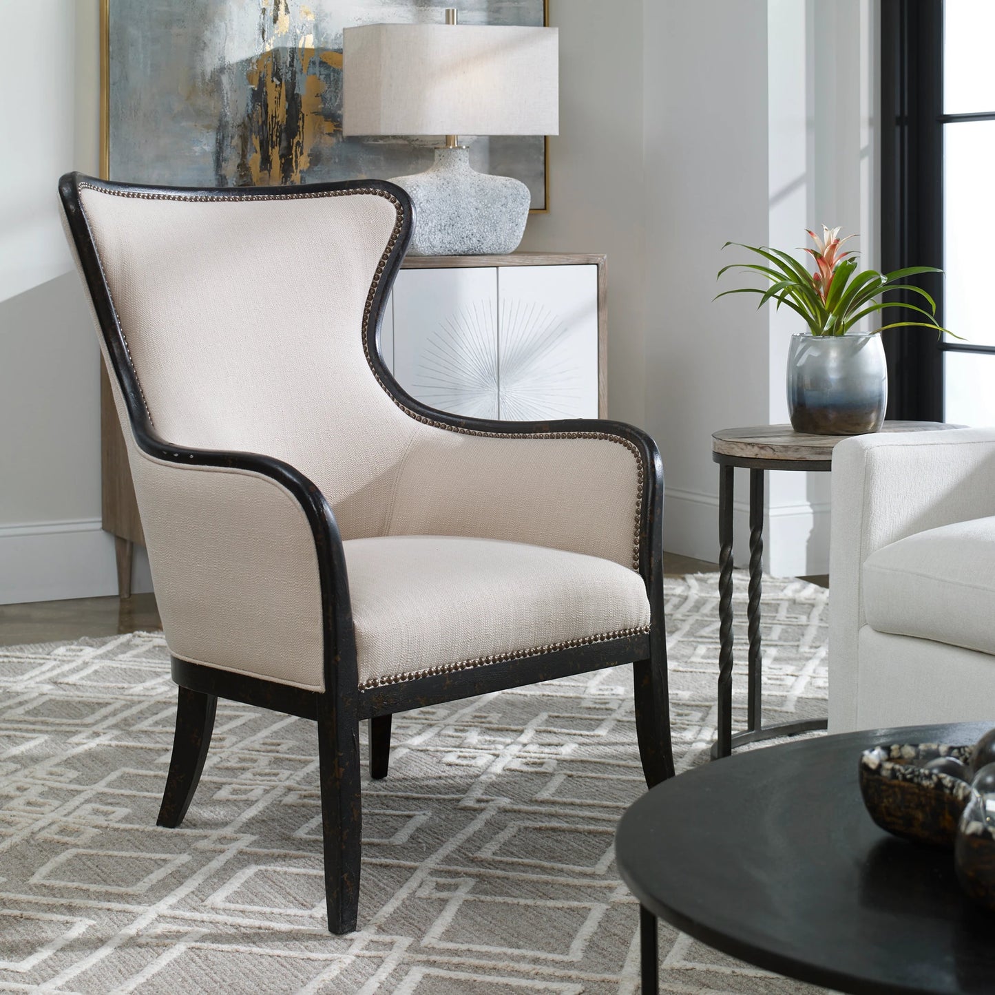 015 S-252810 | Lifestyle | Sandy Wing Back Armchair by Uttermost. Made from wood, foam, fabric in a cottage & farmhouse style.
