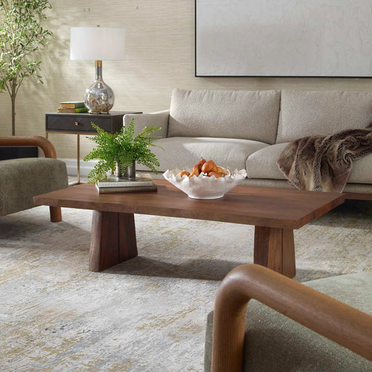 Glenmore Coffee Table by Uttermost in natural. Made from suar wood with metal kd in a transitional style.