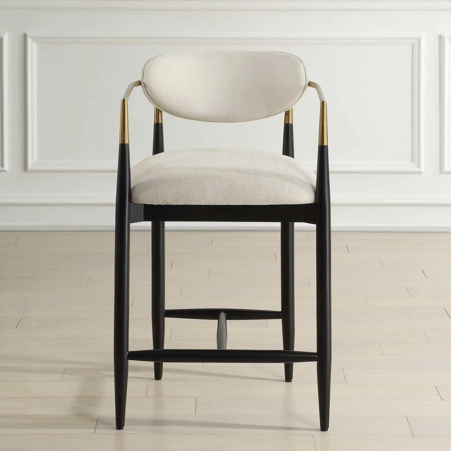 003 SI-2386664 | Lifestyle | Moxie Counter Stool by Uttermost in off white, brass. Made from rubber wood, fabric, foam, iron, plywood in a modern style.