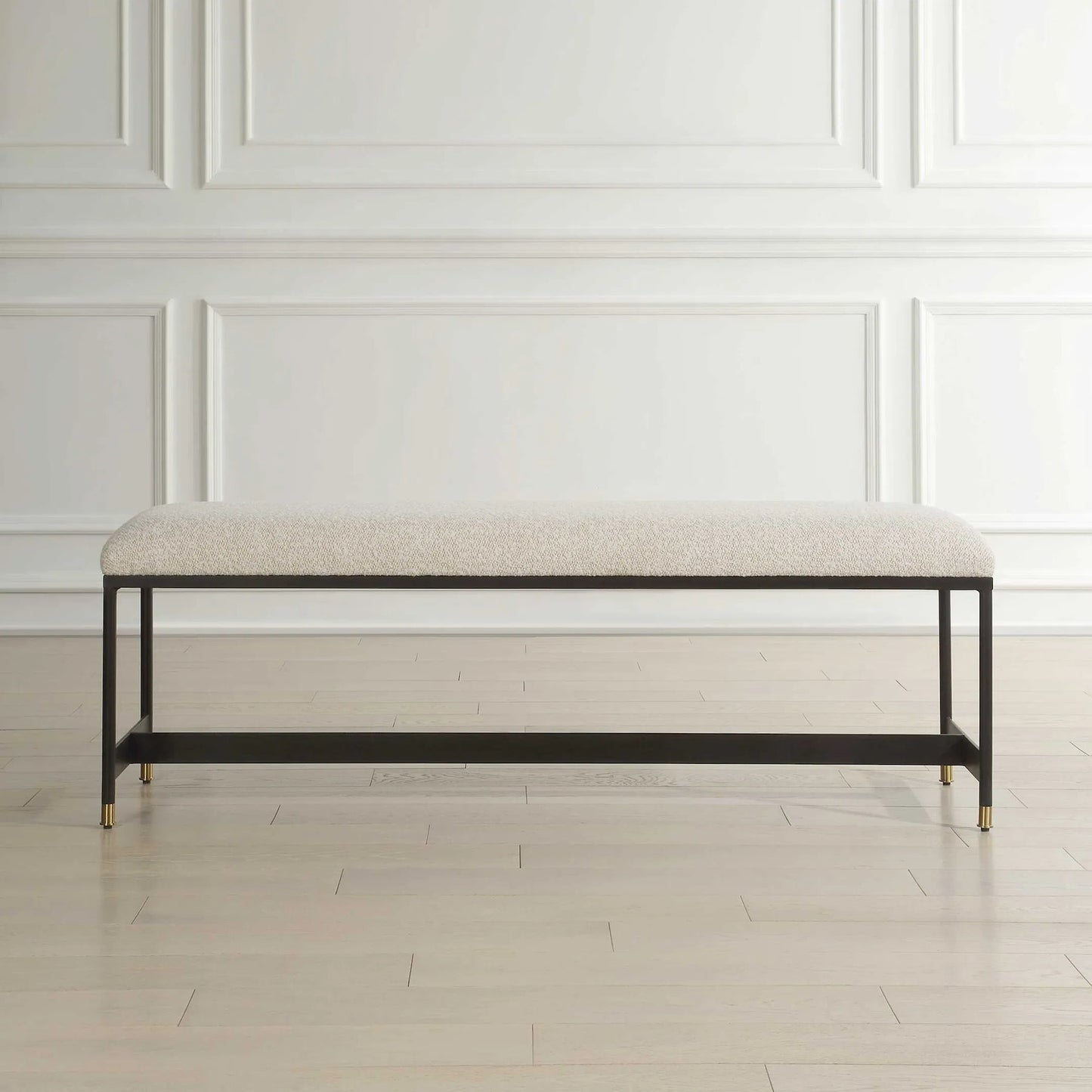 006 SI-2386661 | Lifestyle | Halston Upholstered Bench by Uttermost in matte black, brass. Made from iron, mdf, foam, fabric in a transitional style.