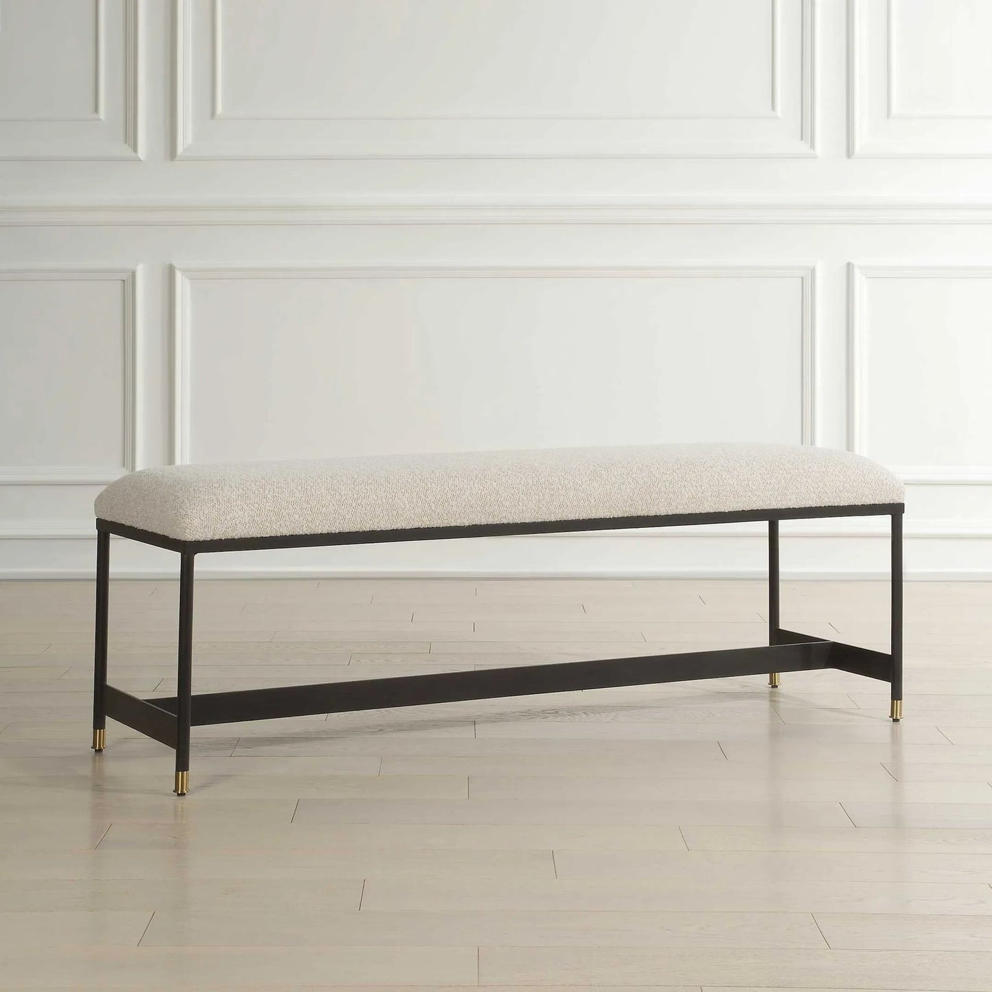 007 SI-2386661 | Lifestyle | Halston Upholstered Bench by Uttermost in matte black, brass. Made from iron, mdf, foam, fabric in a transitional style.