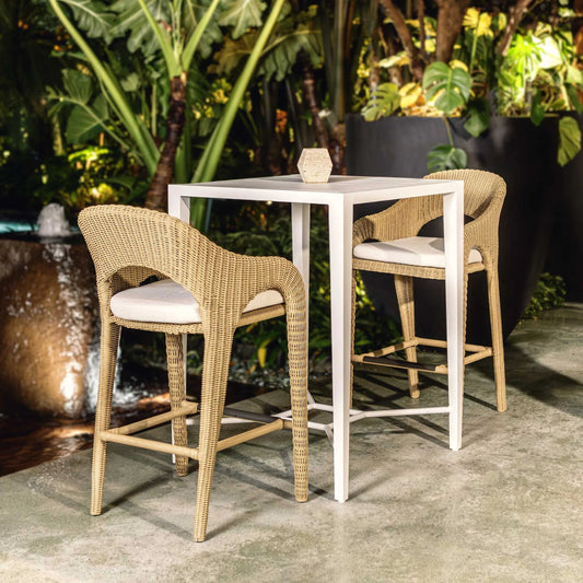 Kavali Outdoor Wicker Barstool by Uttermost in white. Made from aluminium, wicker in a rustic style.