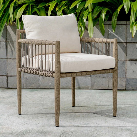 Borneo Outdoor Dining Chair by Uttermost in oyster white, dark gray. Made from mahogani wood, fabric cloud dancer in a transitional style.