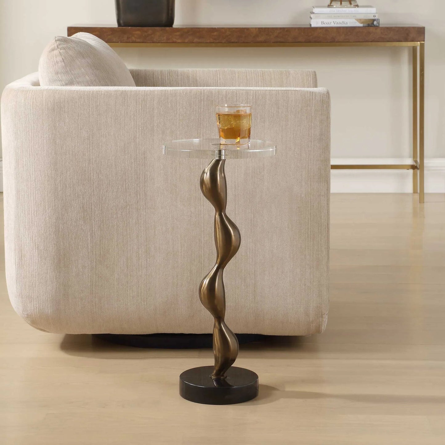 006 SI-2386778 | Lifestyle | Remolino Drink Table by Uttermost in bronze. Made from crystal, marble, iron in a unique style.