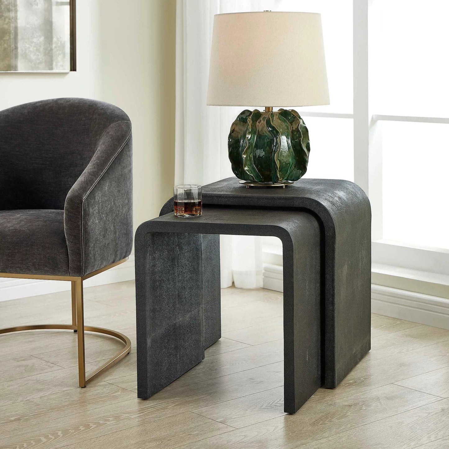 002 SI-2386779 | Lifestyle | Interpose Nesting Side Table by Uttermost in gray. Made from plywood, hardwood, shargeen in a modern style.