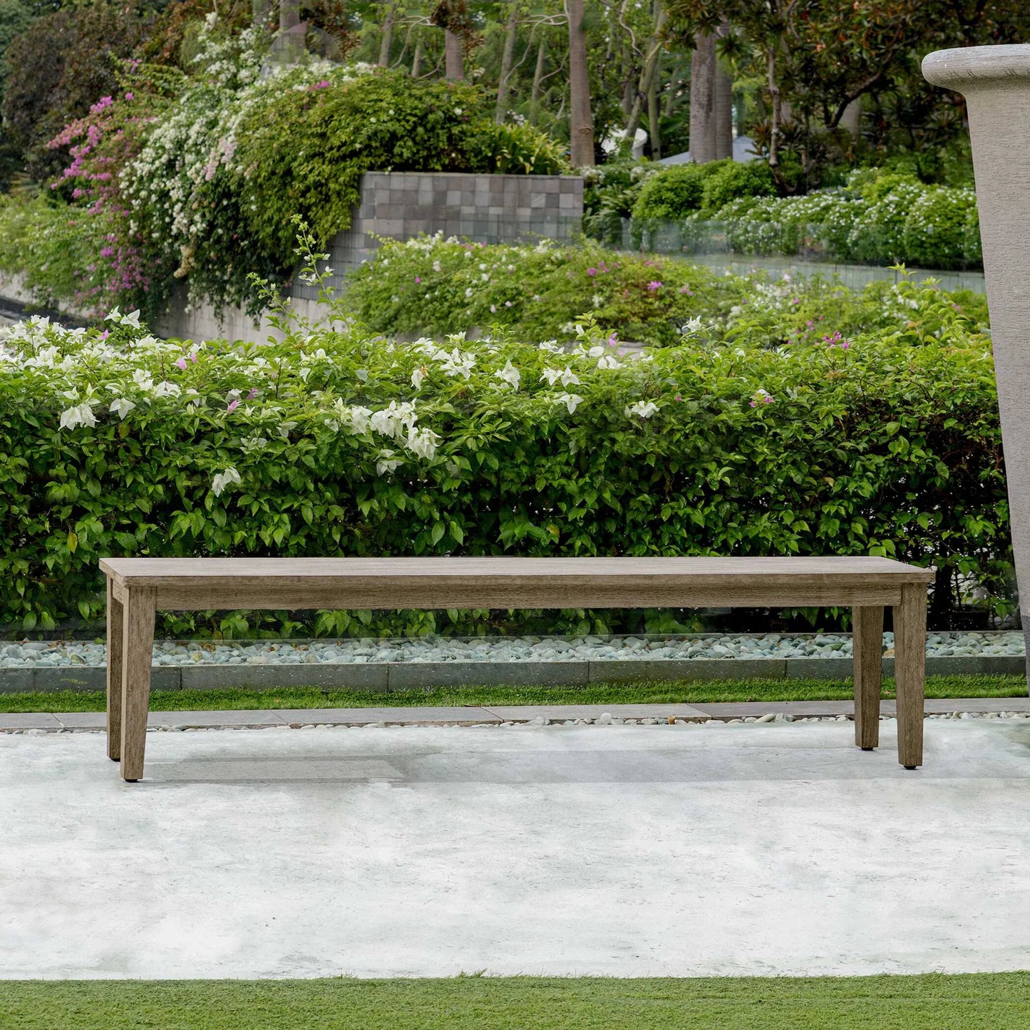 004 SI-2386803 | Lifestyle | Forsyth Outdoor Bench by Uttermost in dark gray. Made from mahogani wood in a transitional style.