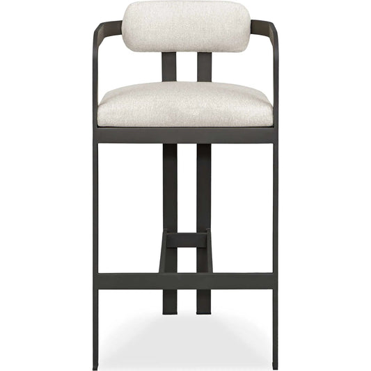 Kalmar Outdoor Bar Stool by Uttermost in black. Made from aluminium, fabric cloud dancer in a transitional style.