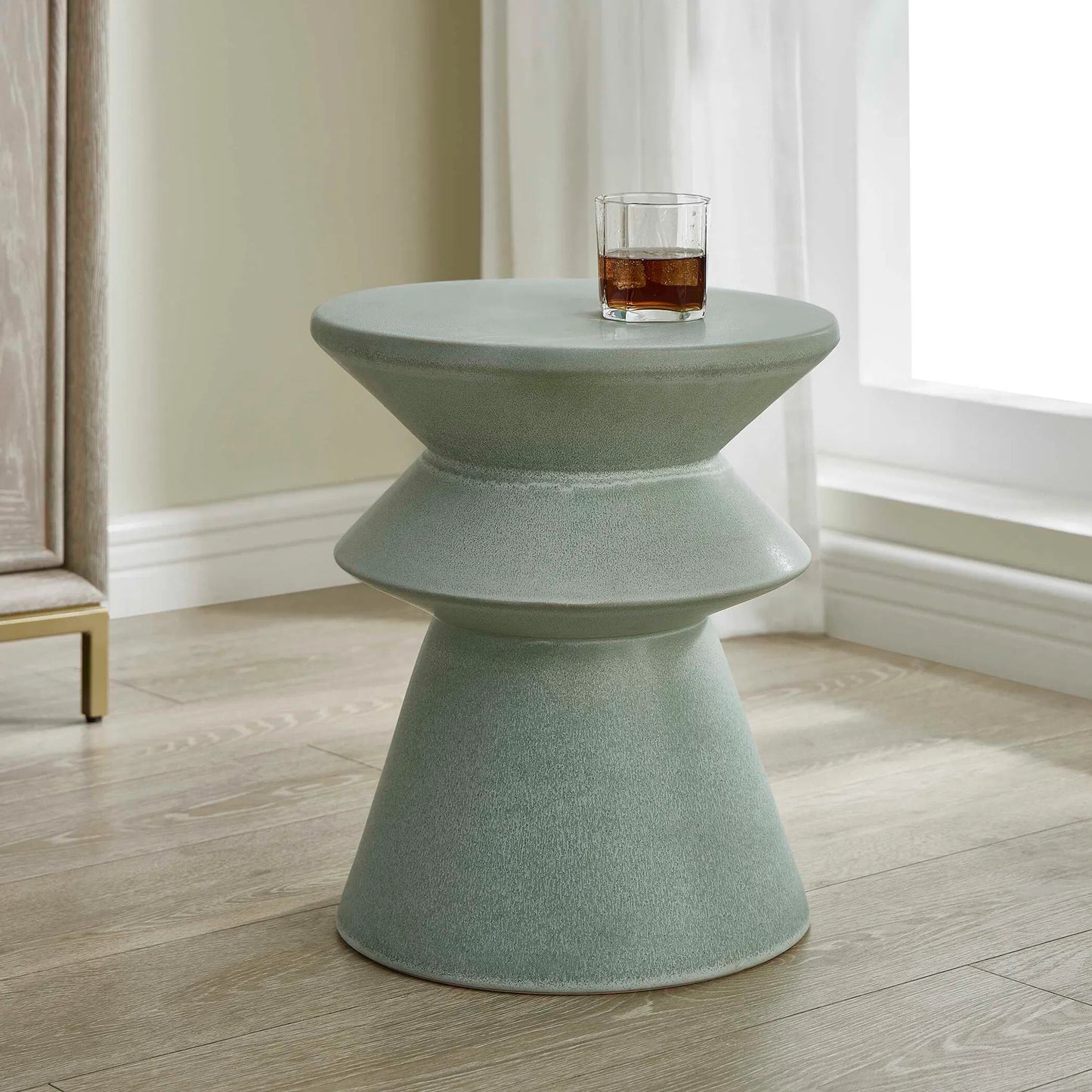 003 SI-2386815 | Lifestyle | Imogene Seafoam Glaze Garden Stool by Uttermost in seafoam. Made from earthenware in a eclectic & global style.