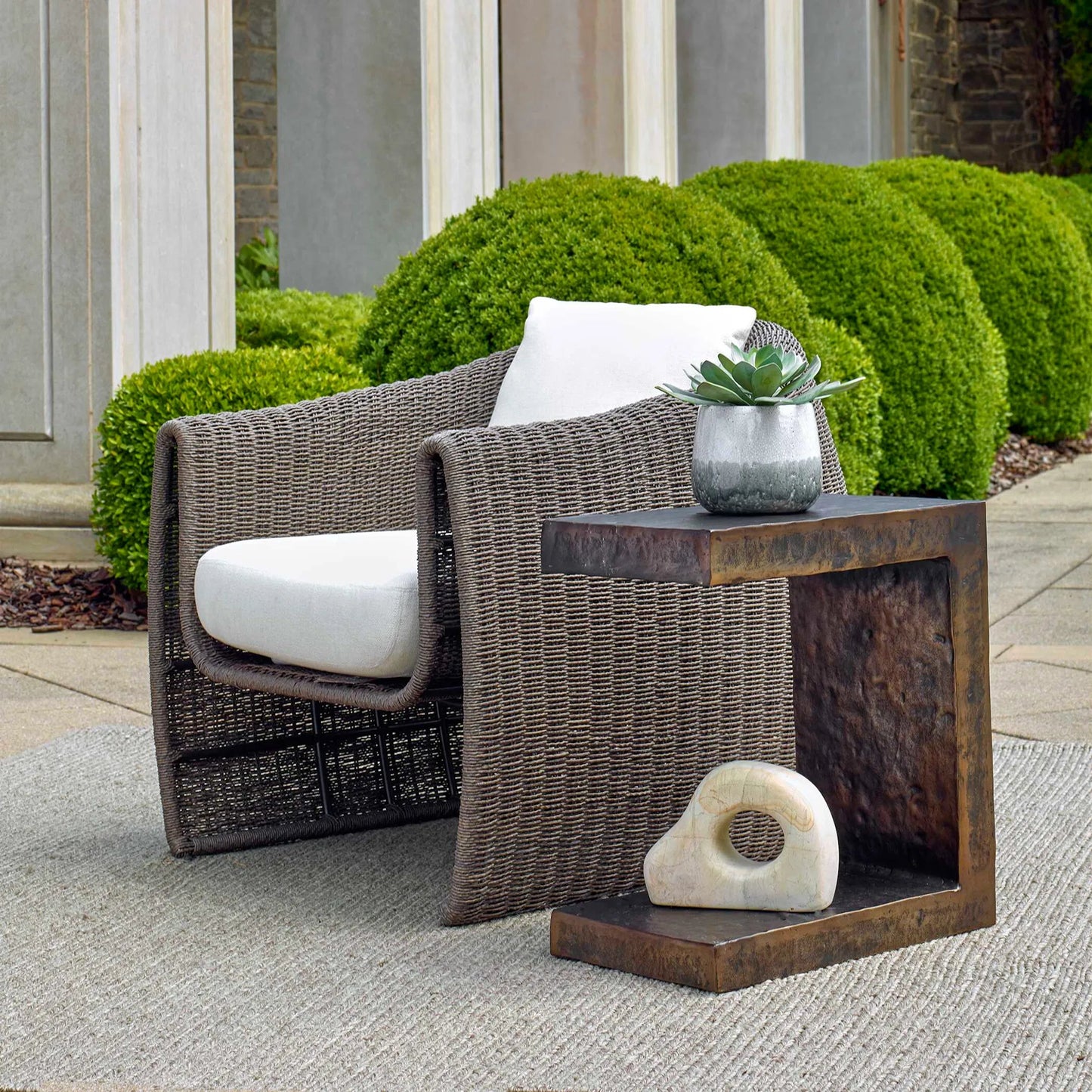 003 SI-2386820 | Lifestyle | Obra Outdoor Side Table by Uttermost in dark bronze. Made from metal in a unique style.