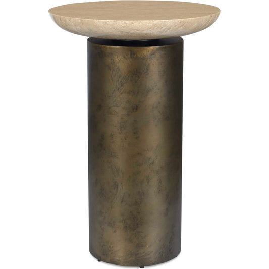 Oslo Outdoor Accent Table by Uttermost in brass. Made from metal, travertine in a modern style.