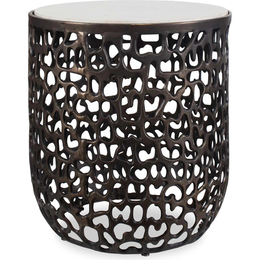 Sabena Outdoor Side Table by Uttermost in dark bronze. Made from metal, white banswara marble in a modern style.