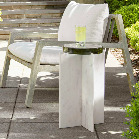 Olina Outdoor Accent Table by Uttermost in white. Made from marble, glass in a modern style.