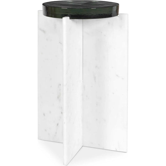 Olina Outdoor Accent Table by Uttermost in white. Made from marble, glass in a modern style.
