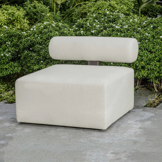 Bolster Back Armless Outdoor Sofa by Uttermost in oyster white. Made from metal aluminium, cushion crescent cloud dancer in a transitional style.