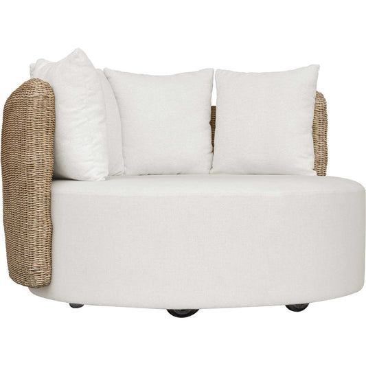 Sunset Outdoor Round Swivel Day Bed by Uttermost in oyster white and gray. Made from metal aluminium, cushion crescent cloud dancer in a transitional style.