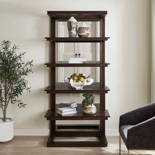 Kai Etagere by Uttermost in dark walnut. Made from oak wood, mdf, mirror, iron in a traditional style.