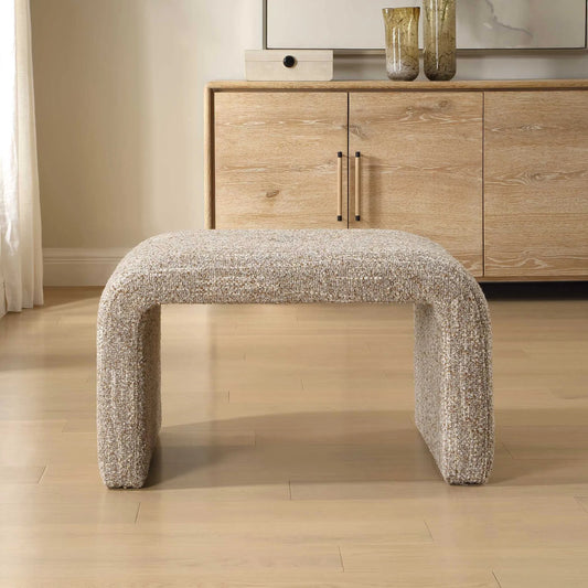 Leora Upholstered Modern Bench by Uttermost in brown. Made from fabric, plywood, foam in a unique style.