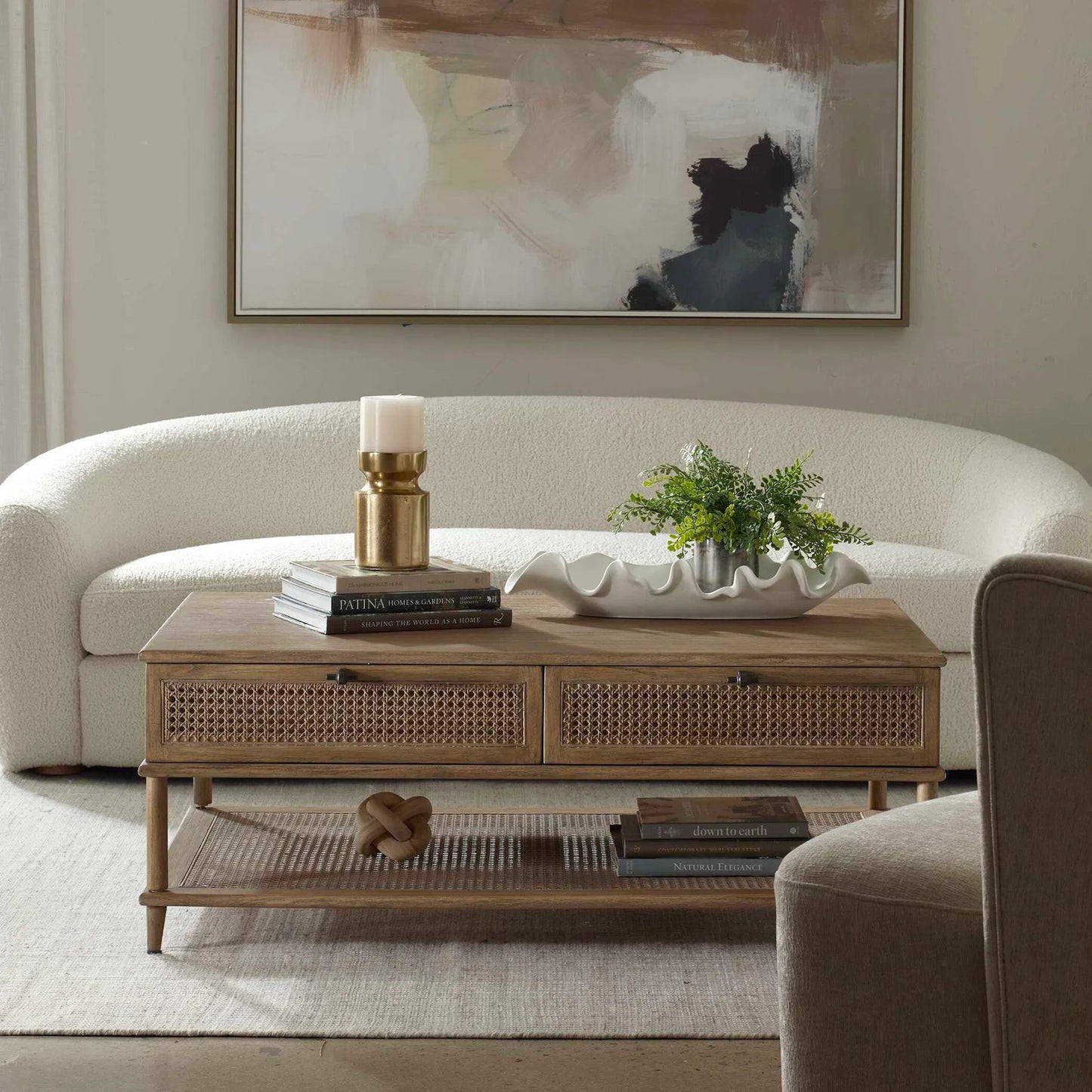 004 SI-2526276 | Lifestyle | Coast Mid-Century Coffee Table by Uttermost in woodtone and dark. Made from mindi wood, mdf mindi veneer with rattan in a unique style.