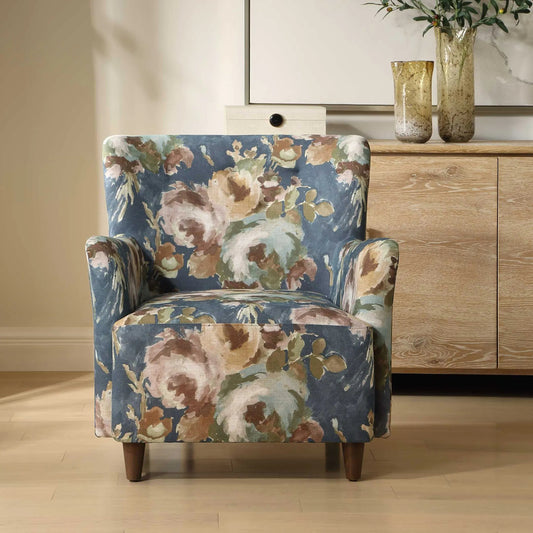 Lainey Floral Upholstered Armchair by Uttermost in blue and walnut. Made from foam, plywood, fabric, oak in a unique style.