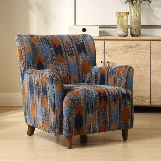 Lainey Upholstered Ikat Armchair by Uttermost in blue, brown, orange and walnut. Made from fabric, foam, plywood, oak in a unique style.