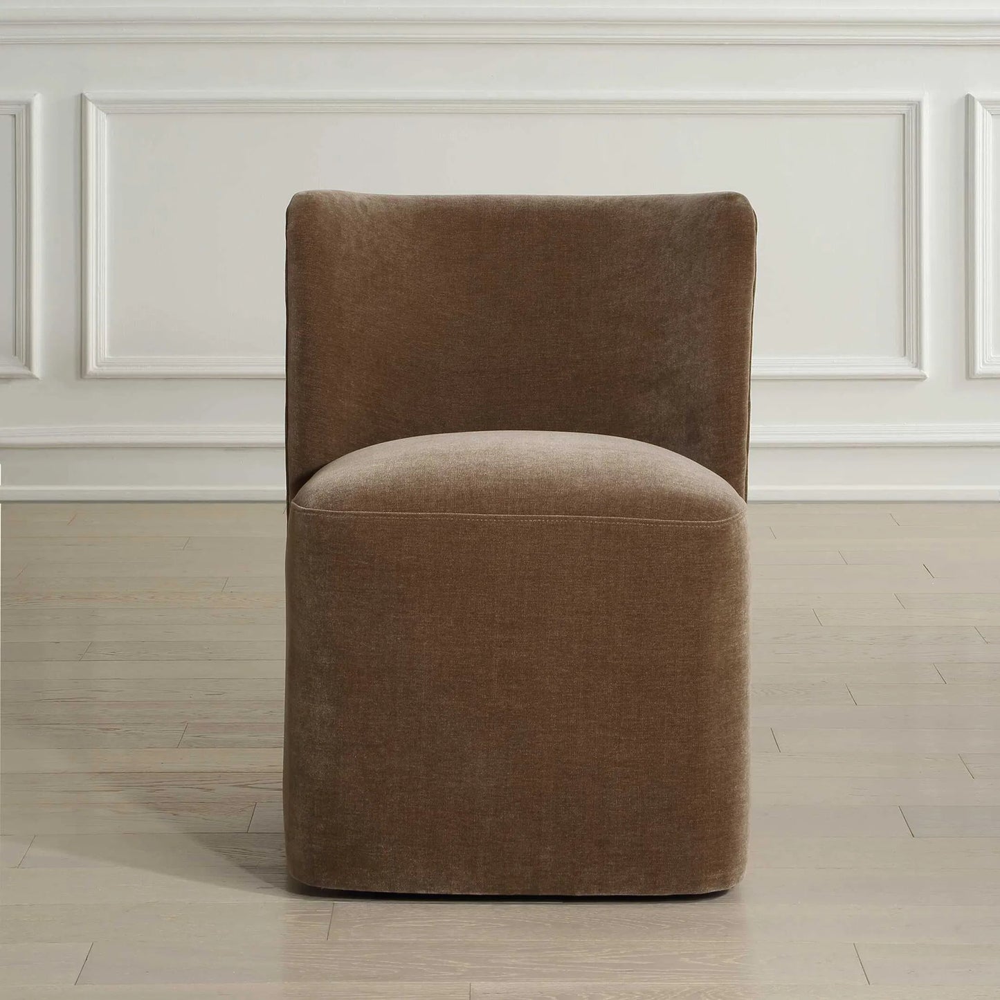 003 SI-2526318 | Lifestyle | Outlook Modern Velvet Dining Chair by Uttermost in brown. Made from fabric, foam, plywood in a unique style.