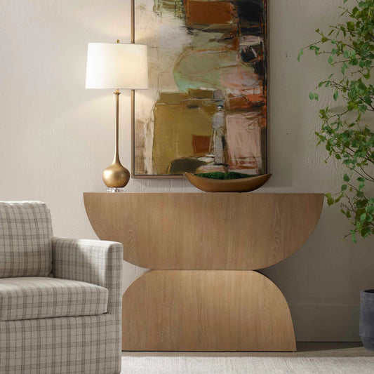 Ciano Modern Console Table by Uttermost in woodtone and oak. Made from mdf oak veneer, javamixwood in a unique style.
