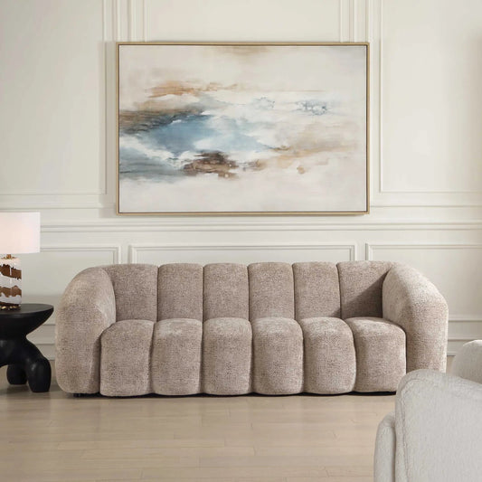 Modella Upholstered Chenille Sofa by Uttermost in brown. Made from fabric, foam, plywood, rubber wood in a unique style.