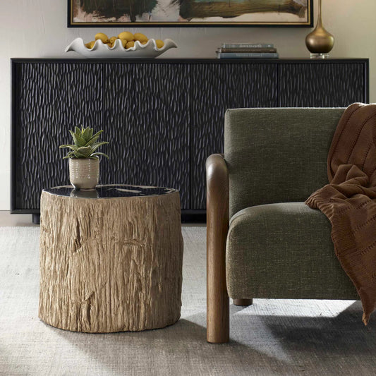 Arco Petrified Top Accent Table by Uttermost in black, white. Made from resin, petrified wood in a unique style.