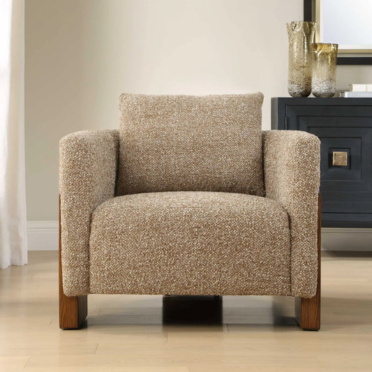 Halligan Upholstered Accent Chair by Uttermost in brown and walnut. Made from fabric, foam, oak wood in a unique style.