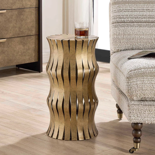 Arida Accent Table by Uttermost in gold. Made from shargreen wrapped, acacia solid wood, mdf reinforced, stainless steel in a unique style.