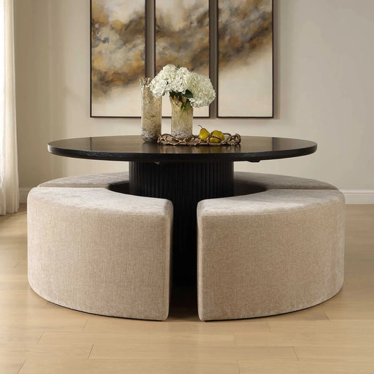 Khai Rounded Plush Dining Bench by Uttermost in brown and flax. Made from solid wood, plywood, foam, fabric in a unique style.