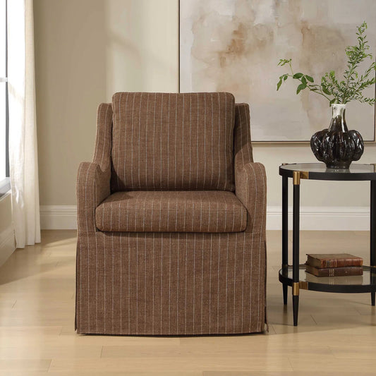 Luisa Pinstripe Swivel Chair by Uttermost in brown and teak. Made from solid wood, plywood, foam, fabric in a unique style.