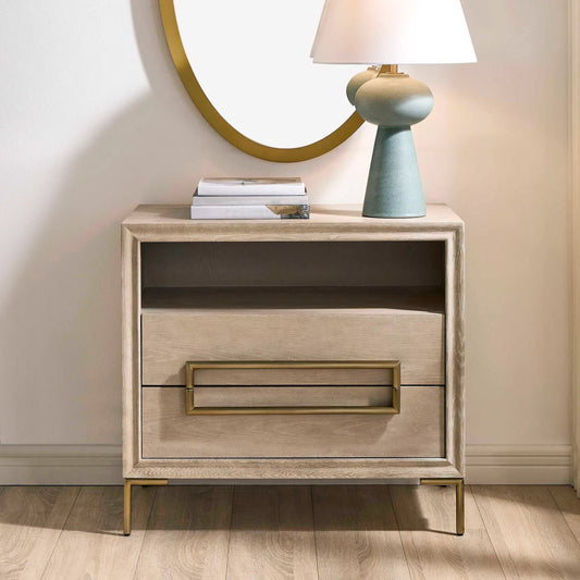 Alessia Side Table by Uttermost in light oak, brass. Made from oak veneer, oak solid wood, stainless steel with brushed finish, ball-bearing drawer in a unique style.