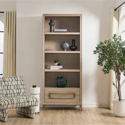 Alessia Etagere by Uttermost in light oak, brass. Made from oak veneer, 15% oak solid wood, stainless steel with brushed finish, ball-bearing drawer guide in a unique style.