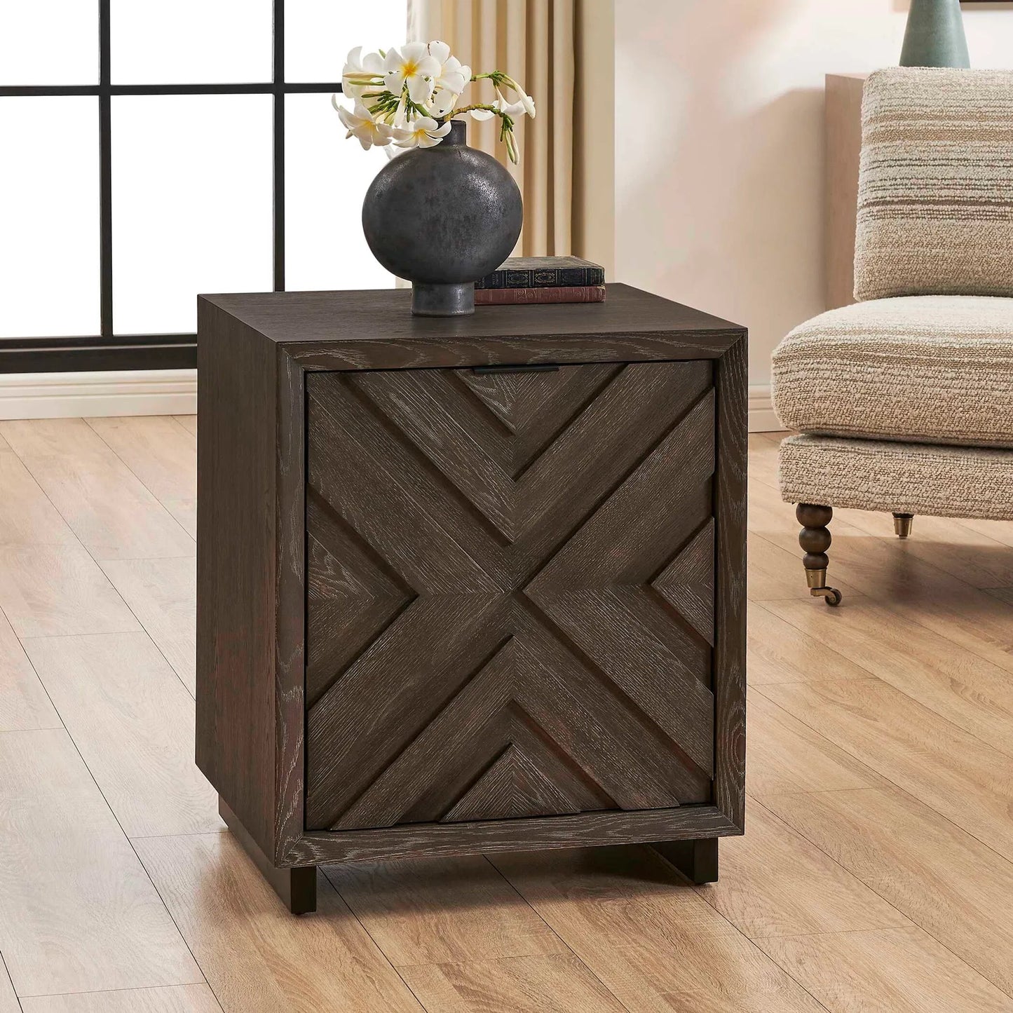 004 SI-2526308 | Lifestyle | Barrett Cabinet by Uttermost in dark charcoal. Made from oak veneer board, iron in a unique style.