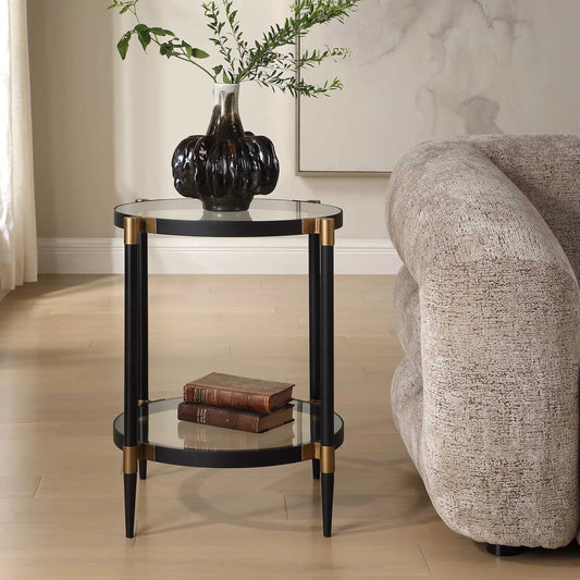 Chadid Round Glass Side Table by Uttermost in black, gold. Made from iron, tempered glass in a unique style.