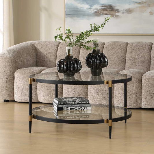Chadid Round Glass Coffee Table by Uttermost in black, gold. Made from iron, tempered glass in a unique style.