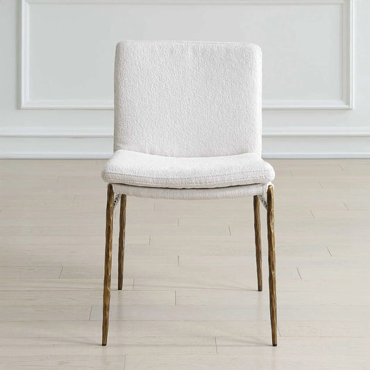 Ascend Textured Dining Chair by Uttermost in white boucle, gold. Made from metal, plywood, foam, fabric in a unique style.